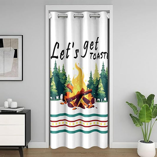 Happy Camping RV Kids Door Curtain,Bonfire Campfire Pine Tree Natural Blackout Curtain,Camper Trailer Rustic Farmhouse Bedroom Doorway Living Room Decor,Green Privacy Door Drape 1 Panel,42" W X 80" L