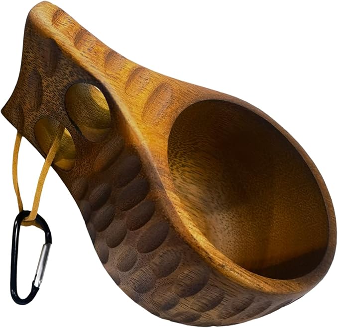 Sanrich Wooden Mug Kuksa Handcrafted Wood Camp Mug Survival Wood Cup Camping Cups & Mugs with Carabiner Leather Lanyard For Drinking Tea Coffee (8 ounces-Tortoiseshell-2 handle holes)
