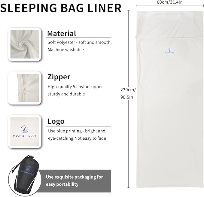 Mountainlodge Sleeping Bag Liner for Warm Weather Seasons with Carry Bag - Protable,Lightweight and Skin-Friendly Sleeping Bag for Camping,Hiking and Backpacking.