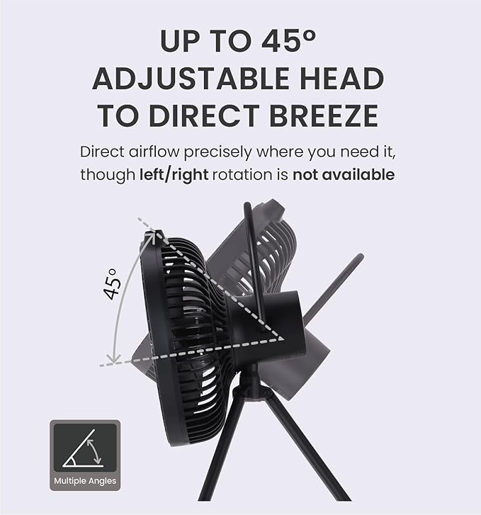 Claymore V600+ Black Rechargeable Portable Fan – 7,800mAh Battery, 4-Speed BLDC Ultra-Quiet Air Circulator USB-C Charging 32 Hrs Runtime Tripod Mountable Adjustable for Camping, Indoor, Outdoor