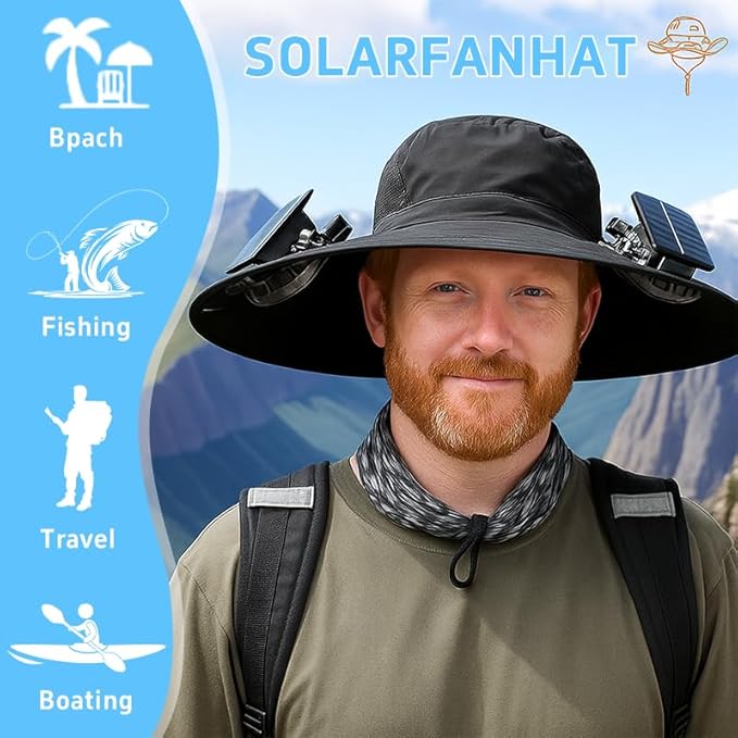 Solar Fan Hat,2025 Wide Brim Sun Cap with 2 Solar Sun Protection Fans,Waterproof UPF 50+ Bucket Fishing Hat with Fan Built in Black