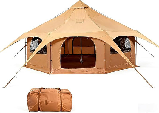 Canvas Bell Tent Wall Tent for Glamping & Camping, Waterproof Canvas with Stove Jack, Removable Floor & 8 Mesh Windows, Fits 12-15 People with 8 Mesh Windows & Removable Floor