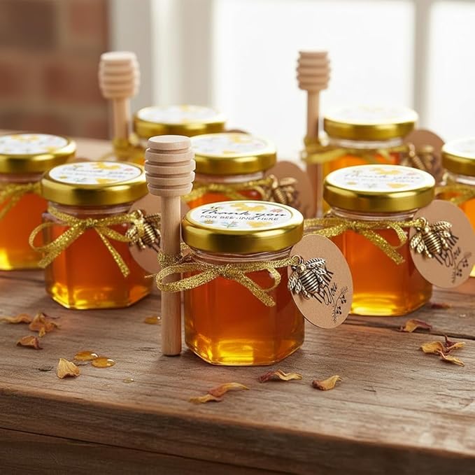 Ahhute Honey Jar, Mini Honey Jars with Dipper, Glass Honey Pot Baby Shower Favors, Party Favors & Wedding Favors, Hexagon Honey Container with Lid, Bee Charms, Fabric Ribbons and Bags, 20 Pack 1.5oz