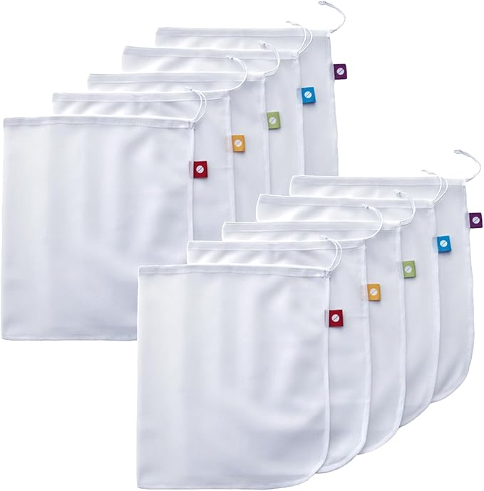 Reusable Produce Bags, Washable Mesh Bags for Fruits and Vegetables, Set of 10 - Flip and Tumble