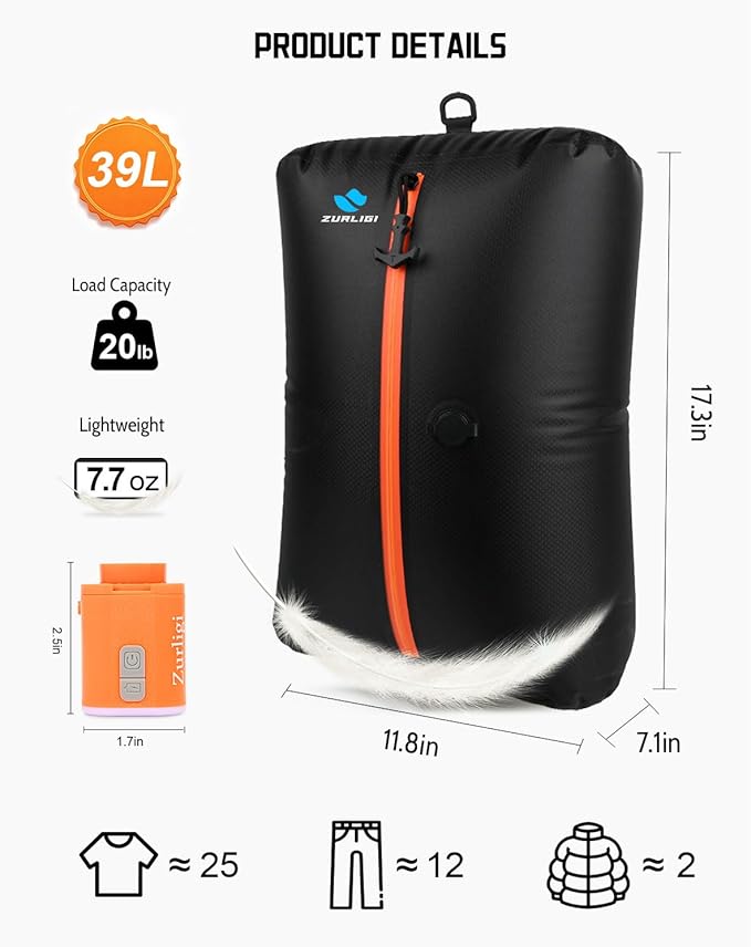 Zurligi Travel Vacuum Compression Bags with Removable Handle & Mini Pump – 39L Reusable IPX8 Waterproof Vacuum Packing Cubes, Vacuum Seal Bags for Clothes, Suitcase & Backpack(2-Pack Black)