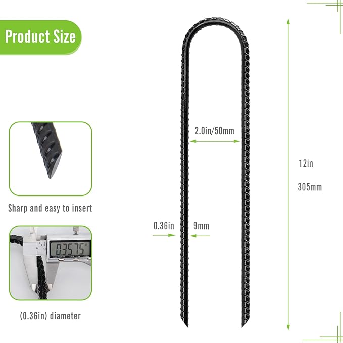 Rebar Stakes 12 Inch Heavy Duty Ground Anchors (Pack of 6 Black), U Shaped Ground Stakes Galvanized Steel, Trampoline Tie Down Anchor, Heavy Duty Stakes for High Wind