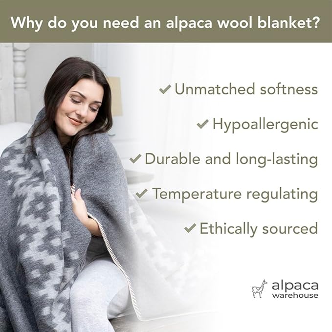 Thick Alpaca Wool Blanket Heavyweight Camping Outdoors Indoors Soft Peru Twin Size Ethnic Design (Navy Blue - Soft Gray Design, Twin Size)