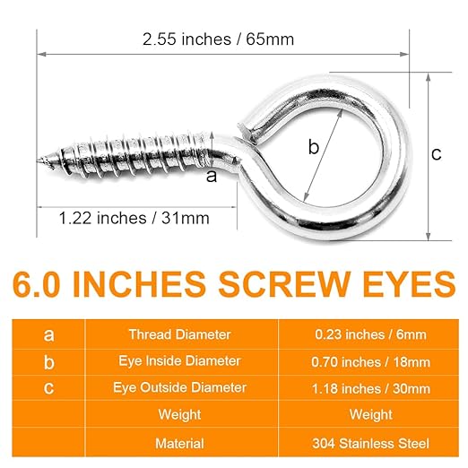 12 Pcs M6 304 Stainless Steel Screw Eye Hooks, 2-1/2 Inches Eyes Screw Hooks,Heavy Duty Screw Eye Bolt,Load Bearing 200LB,Indoor & Outdoor Use