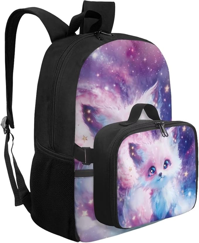 HUGS IDEA Cosmic Fox School Backpack for Girls 2 in 1 Kids Bookbag Set with Lunch Box for Preschool Kindergarten School Lightweight 17 Inch School Bag for Girls 4-6 Kids Travel Daypack
