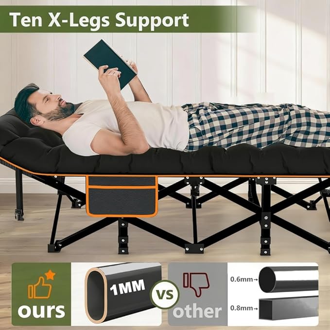 Comfortable and Soft Folding Bed, Portable Camping cot with Side Pockets and Mattress, Extra-Thick Oversized Folding Bed, Weight Capacity of 500/600/700 lbs (Black 700lbs)