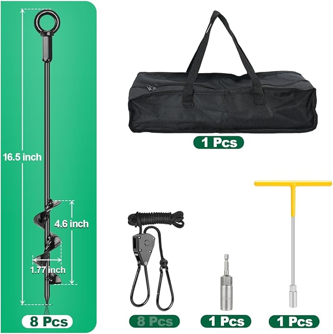 Tent Stakes Anchors 16-in 8 Pack, RV Awning Tie Down Kit for Wind-Proof with Retractable Ratchet Straps, Camping Stakes Heavy Duty for Tents, Beach Umbrellas, Canopies, Carport, Campers