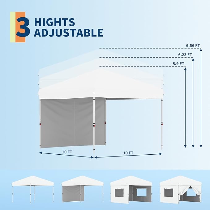 10x10 Pop Up Canopy Tent Outdoor Canopy with 1 Removable Sidewall One-Person Set Up Heavy Duty Commercial Instant Tent Shelter-White