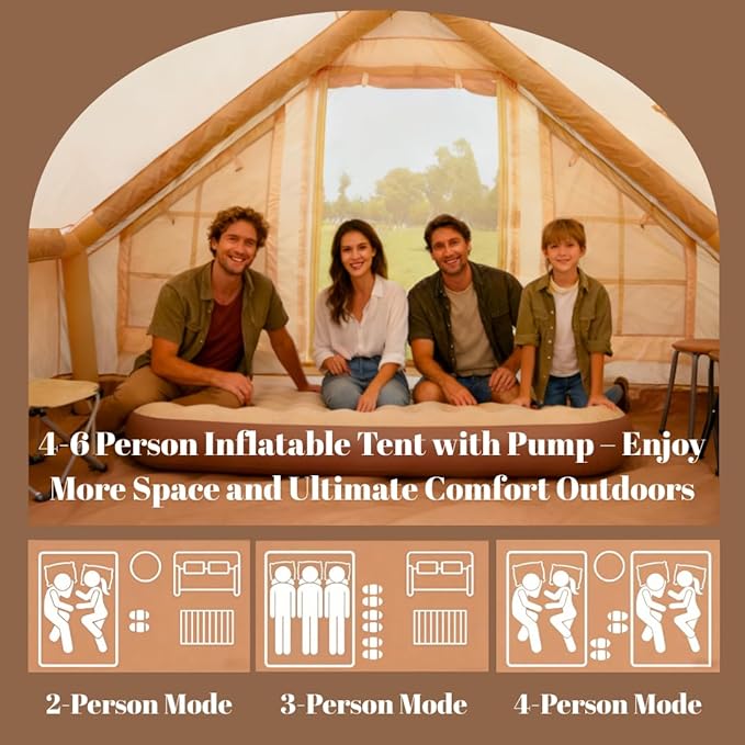 Easy Setup Inflatable Camping Tent, Waterproof 4 Season Air Tent with Hand Pump, Oxford Glamping Tent for 4/6/8 Adults