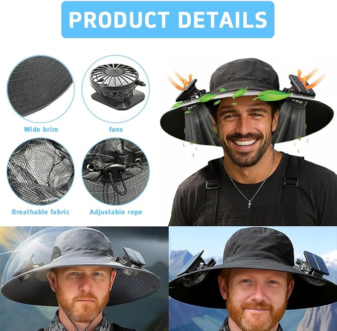 Solar Fan Hat,2025 Wide Brim Sun Cap with 2 Solar Sun Protection Fans,Waterproof UPF 50+ Bucket Fishing Hat with Fan Built in Black