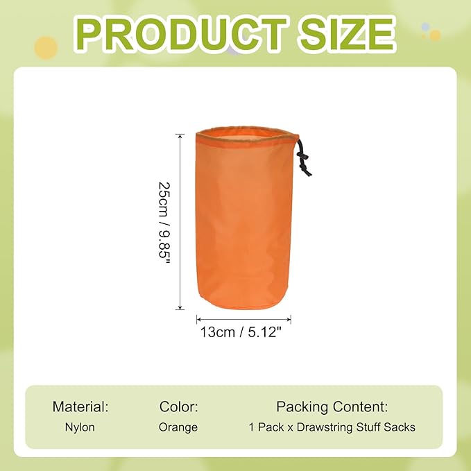 Stuff Sack, Nylon Waterproof Storage Sacks Portable Drawstring Dry Stuff Bag Gear Organization with Toggle, 5x10Inch Fit for Backpacking Camping Traveling Hiking(Orange)