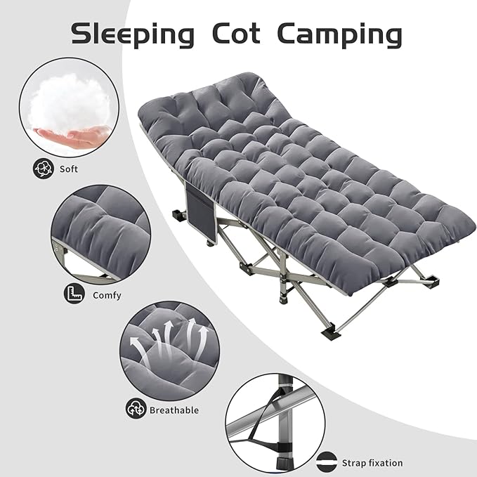 Camping Cot Bed for Adults, Portable Sleeping Cots with Mattress Folding, Fold Away Guest Bed Cot with Carrying Bag for Home Office Nap Indoor Outdoor (Grey)