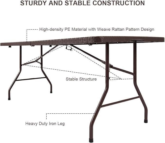 Tangkula 6Ft Rattan Folding Table, Indoor Outdoor Portable Foldable Table with 1.8 Inch Umbrella Hole, Heavy Duty Metal Frame, Carrying Handle for Camping Picnic Backyard BBQ