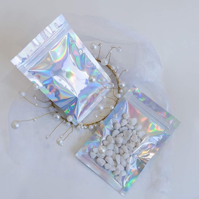 100 Pieces Mylar Holographic Resealable Bags - 5.5 x 7.8" Smell Proof Bags, Foil Pouch for Party Favor Food Storage (Holographic Color, 5.5 x 7.8 Inch)