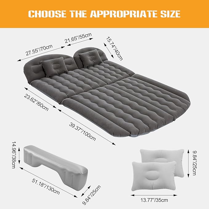 Ergocar Inflatable Mattress Soft Plant Velvet Thickened Air Mattress Car Sleeping Mattress Two Pillows Double-Layer Inflatable Valve Storage Bag Suitable for Camping, Traveling, Family