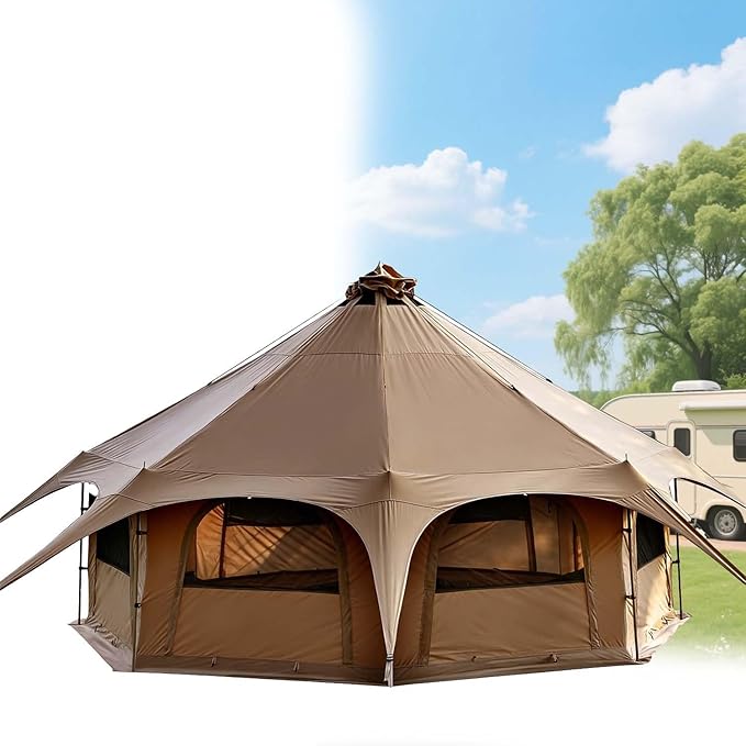 Octagon Tent, Canvas Bell Yurt Tent for Glamping. with Stove Jack Includes 8 Mesh Windows, Perfect for Outdoor Family Camping, Hunting Trips, and Year-Round Basecamps.
