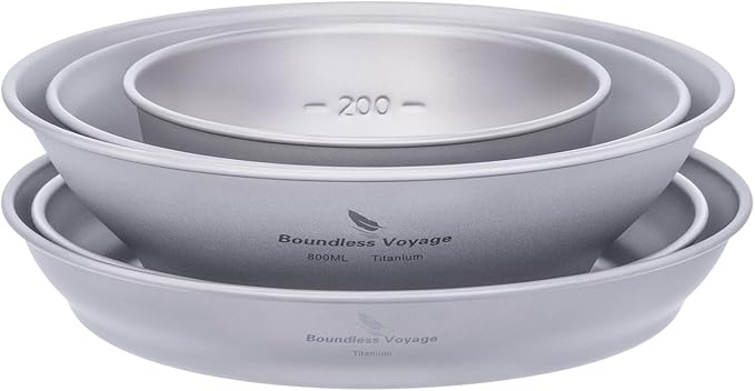 iBasingo Titanium Bowls Plates Set Single-Walled Rice Salad Mixing Bowls Dishes Ultralight Camping Dinnerware Outdoor Indoor Tableware Kitchen Utensils with Carry Bag Ti1110T