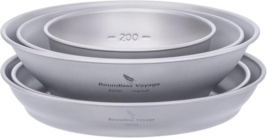 iBasingo Titanium Bowls Plates Set Single-Walled Rice Salad Mixing Bowls Dishes Ultralight Camping Dinnerware Outdoor Indoor Tableware Kitchen Utensils with Carry Bag Ti1110T