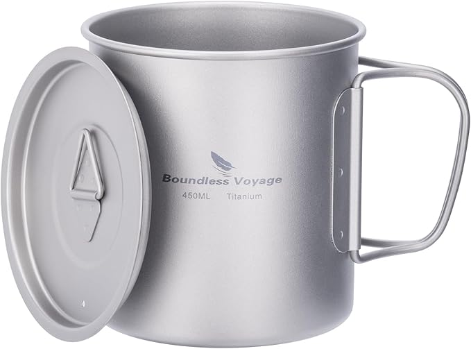 iBasingo 450ml Titanium Mug with Lid Tea Coffee Water Cup Outdoor Camping Pot Ultra-light Portable Hiking Backpacking Cooking Kit Picnic Tableware Drinkware with Foldable Handle Ti3035D