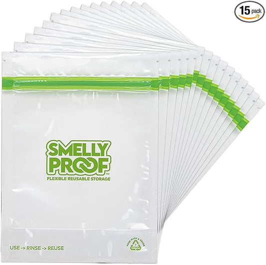 Smelly Proof 15 x Expandable Stand & Fill REUSABLE Storage Bags for Food Designed & Mfg in US, BPA FREE, NO PEVA, Reusable Sandwich Bags, Dishwasher-Safe, Clear 3 mils STAND UP 6.5" x 7.5" - 15pk