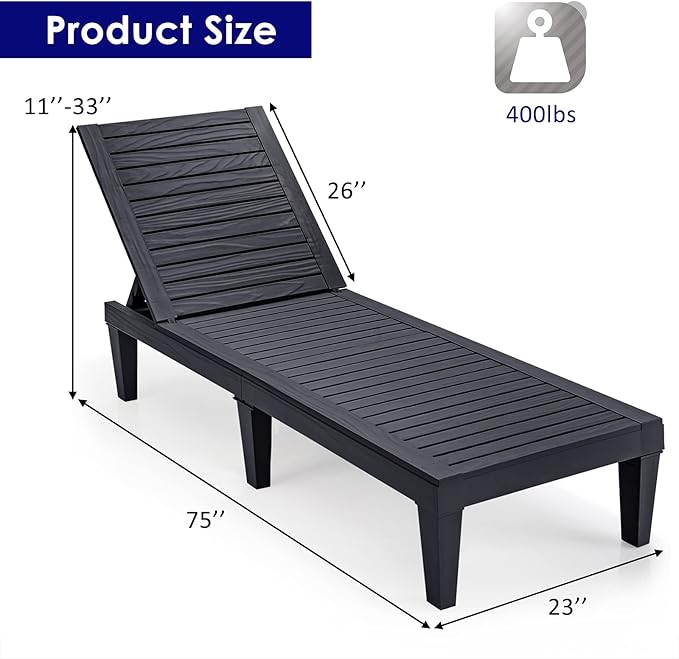 Tangkula Outdoor Chaise Lounge Chair, Lightweight Patio Lounge Recliner Chair with Adjustable Backrest, 5 Reclining Positions Chaise Lounger for Patio, Beach, Balcony, Poolside, Backyard (2, Black)