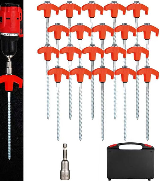 20 Pack Screw in Tent Stakes Heavy Duty,8 ’’ Ground Anchors Screw in,Metal Stakes with Hex Head Driver and Sturdy Storage Box. (20, Orange)