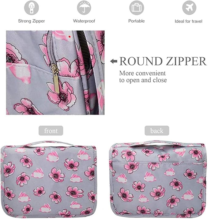 Trawila Travel Hanging Toiletry Bag Cosmetic Bag Makeup Organizers for Men & Women with Sturdy Hook (Grey flower)