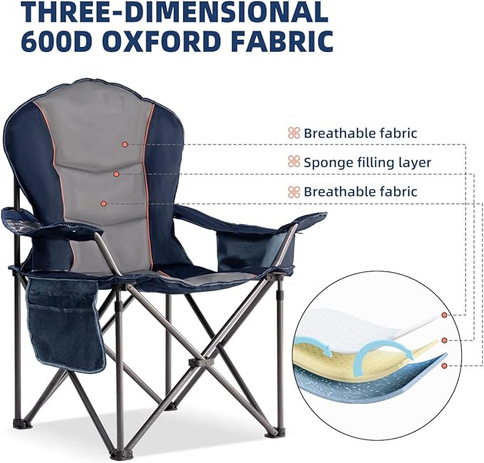 Oversized Camping Chair Heavy Duty 500LBS - 2 PCS Folding Outdoor Chair with Cooler Bag, Storage Pockets, Portable Collapsible Lawn Chairs for Adults (Blue & Gray)