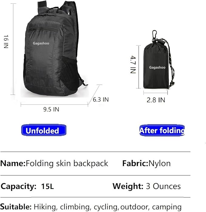 Small Foldable Hiking Daypack Packble Skin Casual Backpack Camping Cycling Travel Outdoor Day Bags Useful (Black)
