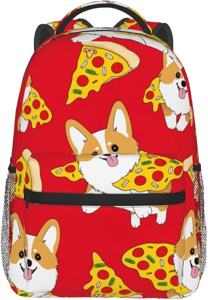Men Women Polyester Corgi Junk Food Cute Dogs Pizzas Backpack Large Capacity Bookbag With Smooth Zippers for Climbing Picnic Bicycle