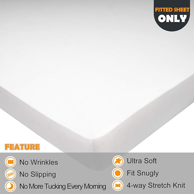 Stretch Twin Fitted Sheet Only - 4-Way Stretchy Jersey Knit RV Camper Bunk Bed Sheets, Snug Fit as Futon Mattress or Fitted Daybed Cover, Non Slipping, Soft & Comfortable - White, Twin