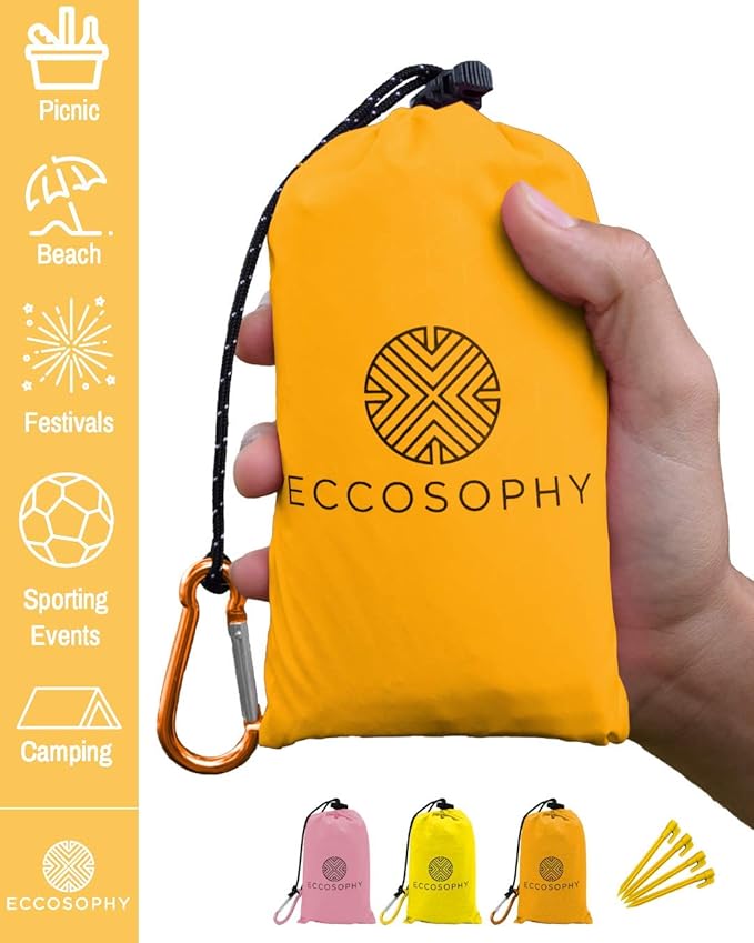 ECCOSOPHY Sand Proof Beach Blanket - Waterproof Picnic Blanket 60x55 Outdoor Compact Pocket Blanket Lightweight Ground Cover for Hiking Camping Festivals Sports Travel with Bag & Stakes (Orange)