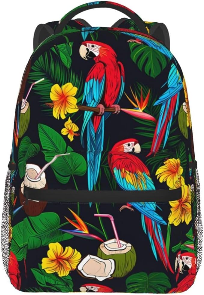 Men Women Lightweight Macaw And Tropical Cocktail Art Casual Daypack Big Capacity Bookbag With Padded Straps for Gym Travel Walking Cycling
