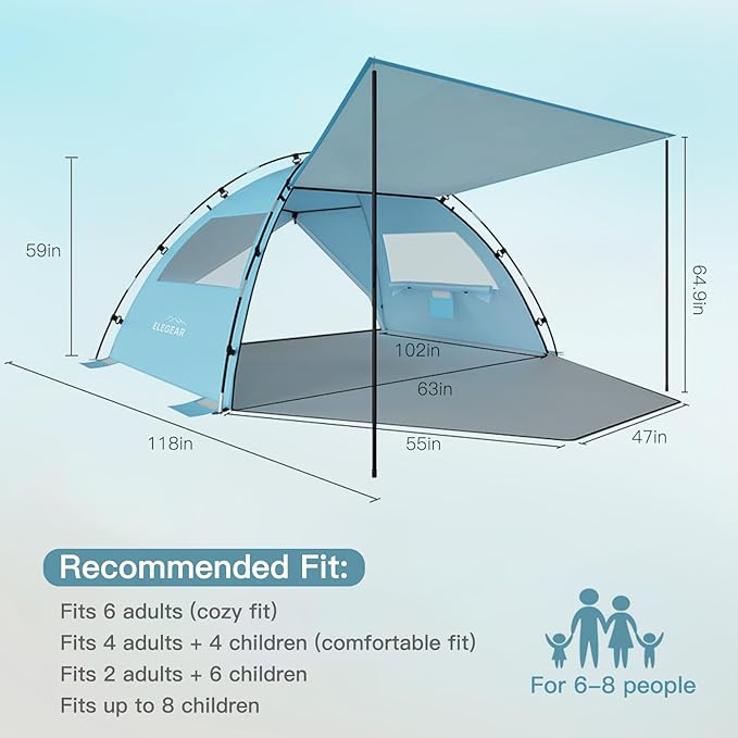 Elegear CumbreX™ Beach Tent Sun Shelter with Canopy, 6-8 Person Beach Tent, Easy Setup UPF 50+ UV Protection Portable Lightweight Double Silver Coating Cabana Sun Shade Shelter - Sky Blue