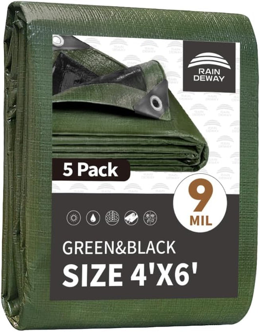 RAINDEWAY Tarps 4x6 Feet（5 Pack）,Small Tarp Waterproof,9Mil Thick Finished Size, Multipurpose Poly Tarp Cover with Metal Grommets and Reinforced Edges,Green/Black Tarpaulin