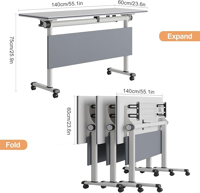 55 INCH Flip-Top Folding Meeting Table – Compact Mobile Seminar Desk with Lockable Casters, Durable Steel Frame for Office & Classroom Use