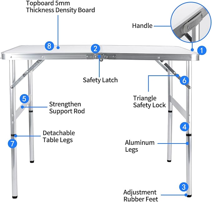 Folding Camping Table 3 Ft Portable Picnic Table Foldable 2 Height Adjustable Aluminum Camp Table Outdoor for Card BBQ White 35.5×23.6×26 inch