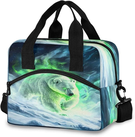 ALAZA White Bear Green Aura Lunch Box for Men Women Adults Insulated Lunch Bag Cooler Bag with Adjustable Shoulder Strap for Work Picnic Travel