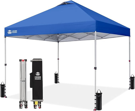 CROWN SHADES 10x10 Pop Up Canopy - Beach Tent with One Push Setup - Easy Outdoor Sun Shade for Events, Parties, Camping - Gazebo with STO-N-Go Cover Bag, Silver Coated Top, Blue