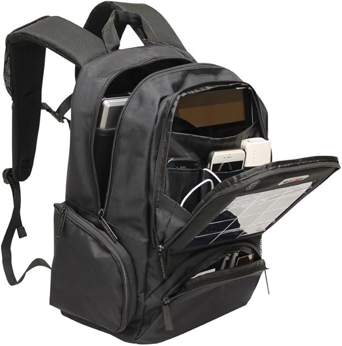 Preferred Nation USB charging Solar Backpack with USB Charging Port – Fits 15.4” Laptop – Waterproof, Multiple Compartments, Power Bank Compatible – Durable 420D/1680D/600D Polyester – Black