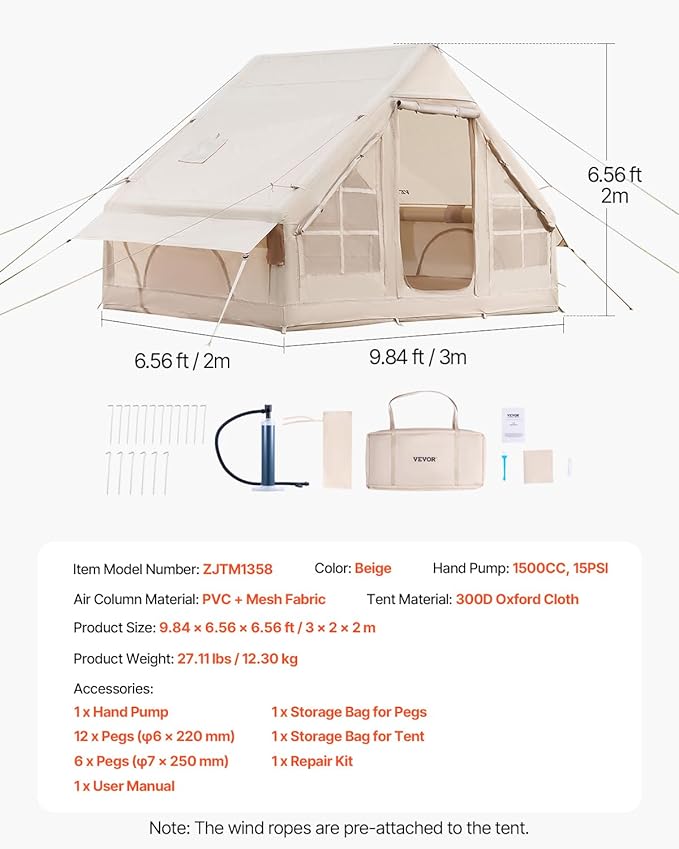 VEVOR Inflatable Tents for Camping, Easy Setup Blow up Tent with Hand Pump, 4 Season Glamping Tent with Stove Jack, Doors & Mesh Windows, Storage Bag Included for Easy Taking