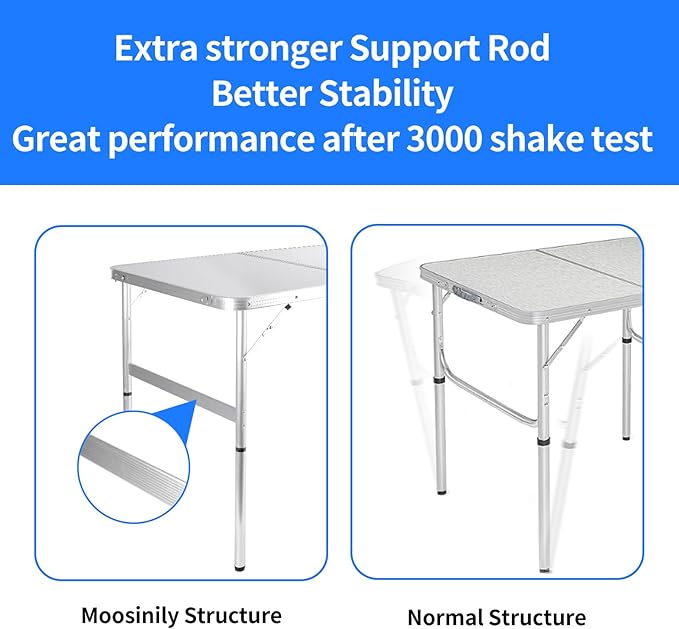 Folding Camping Table 3 Ft Portable Picnic Table Foldable 2 Height Adjustable Aluminum Camp Table Outdoor for Card BBQ White 35.5×23.6×26 inch