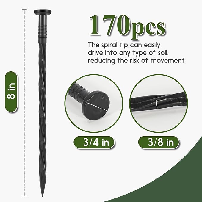 Landscape Edging Stakes, 170 Pcs 8" Plastic Garden Spikes, Spiral Nylon Anchoring Spikes for Paver Edging, Weed Barriers, Artificial Turf, Tent, Grass Pathway and More, Black