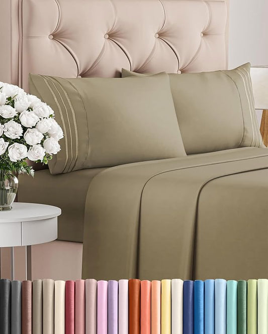 Cal King Size 4 Piece Sheet Set - Comfy Breathable & Cooling Bed Sheets Set - Hotel Luxury Bedding for Women, Men, Kids, Teens, Boys & Girls - Deep Pockets, Ultra-Soft, Wrinkle Free - Oeko-Tex - Khaki