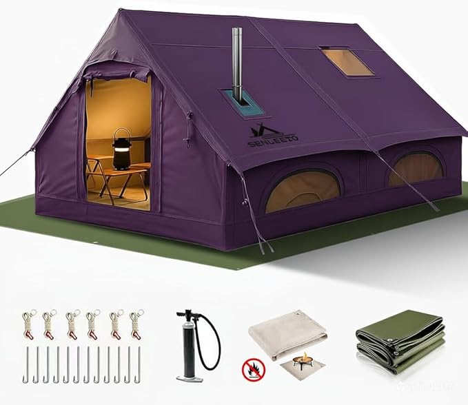 Inflatable Camping Tents 8-10 Person,129 Square Feets Large Inflatable Camping Tent with Stove Jack,Blow up Tent with Mesh Windows & Pump