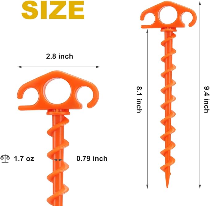 Tent Stakes Ground Anchors Screw in, 10 Pack Sand Stakes for Beach 9.4 Inch Heavy Duty Spiral Tent Pegs for Camping, Party, Hiking, Outdoor Decoration (10, Orange)